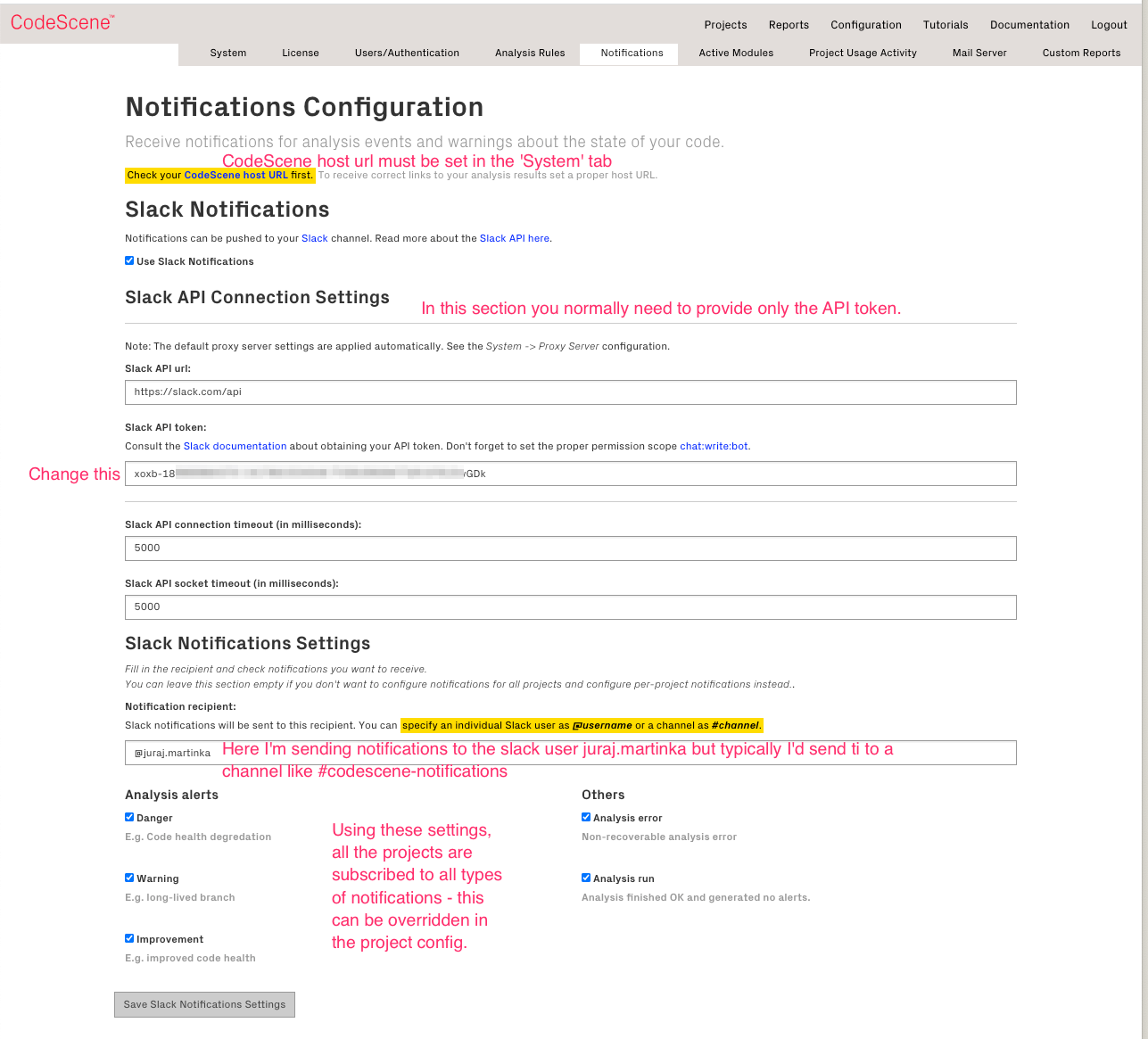 Example of slack notifications global config