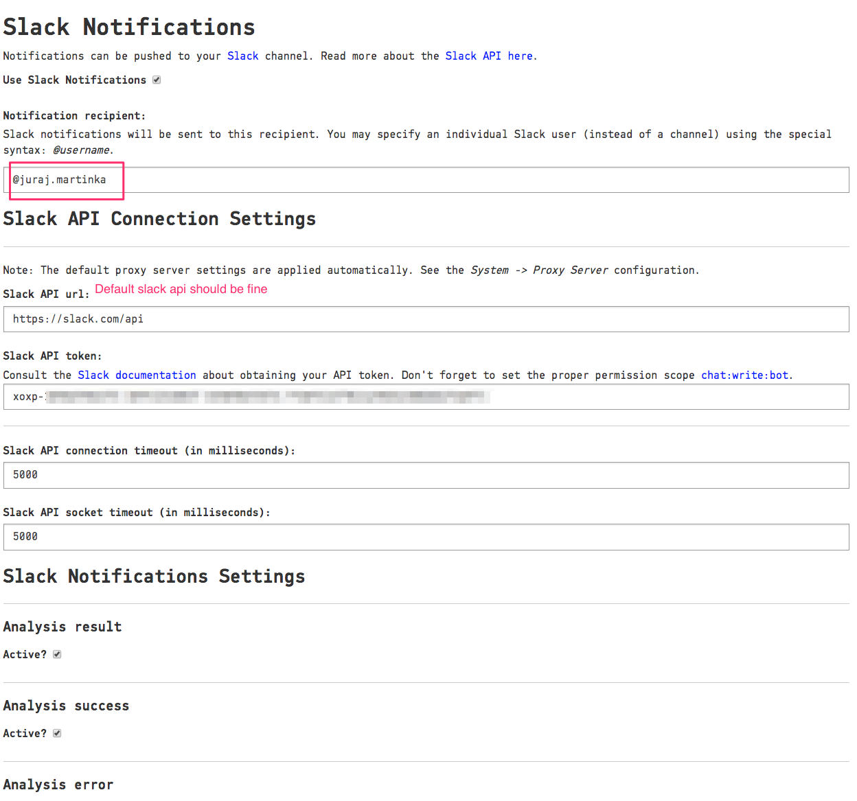 Slack Notifications config expanded