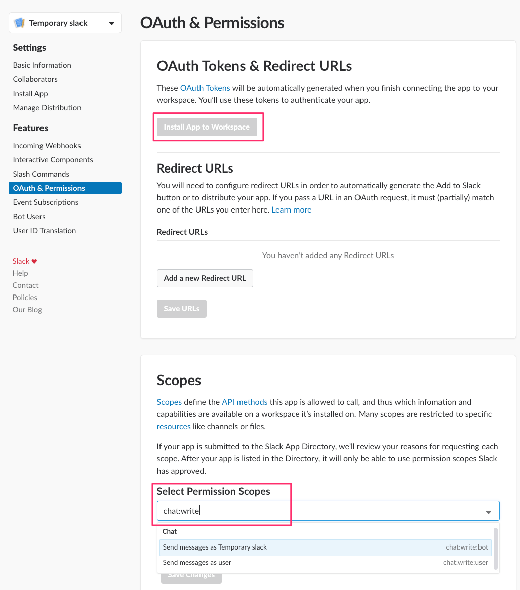 Slack application setup