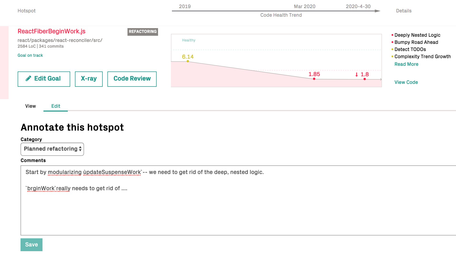 Add a goal in the code health hotspots view