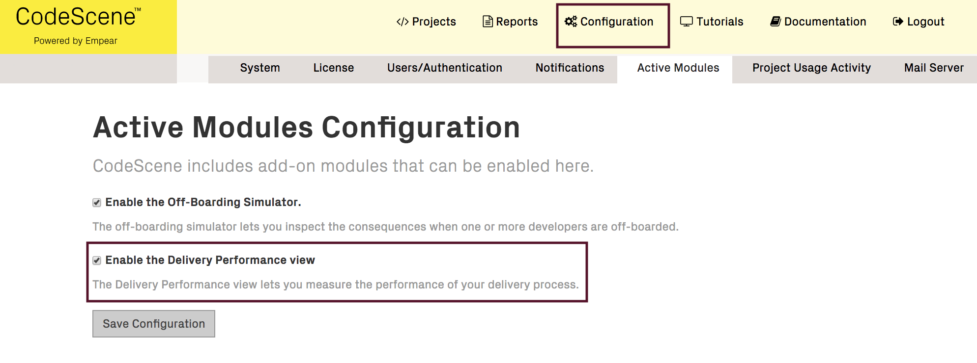 Enable the Delivery Performance module in the global CodeScene configuration.