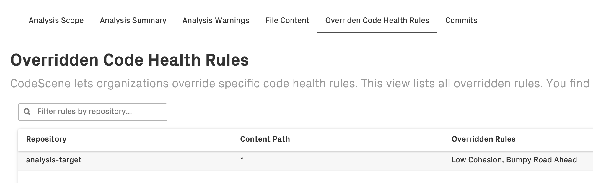 CodeScene presents a searchable summary of all overridden code health rules