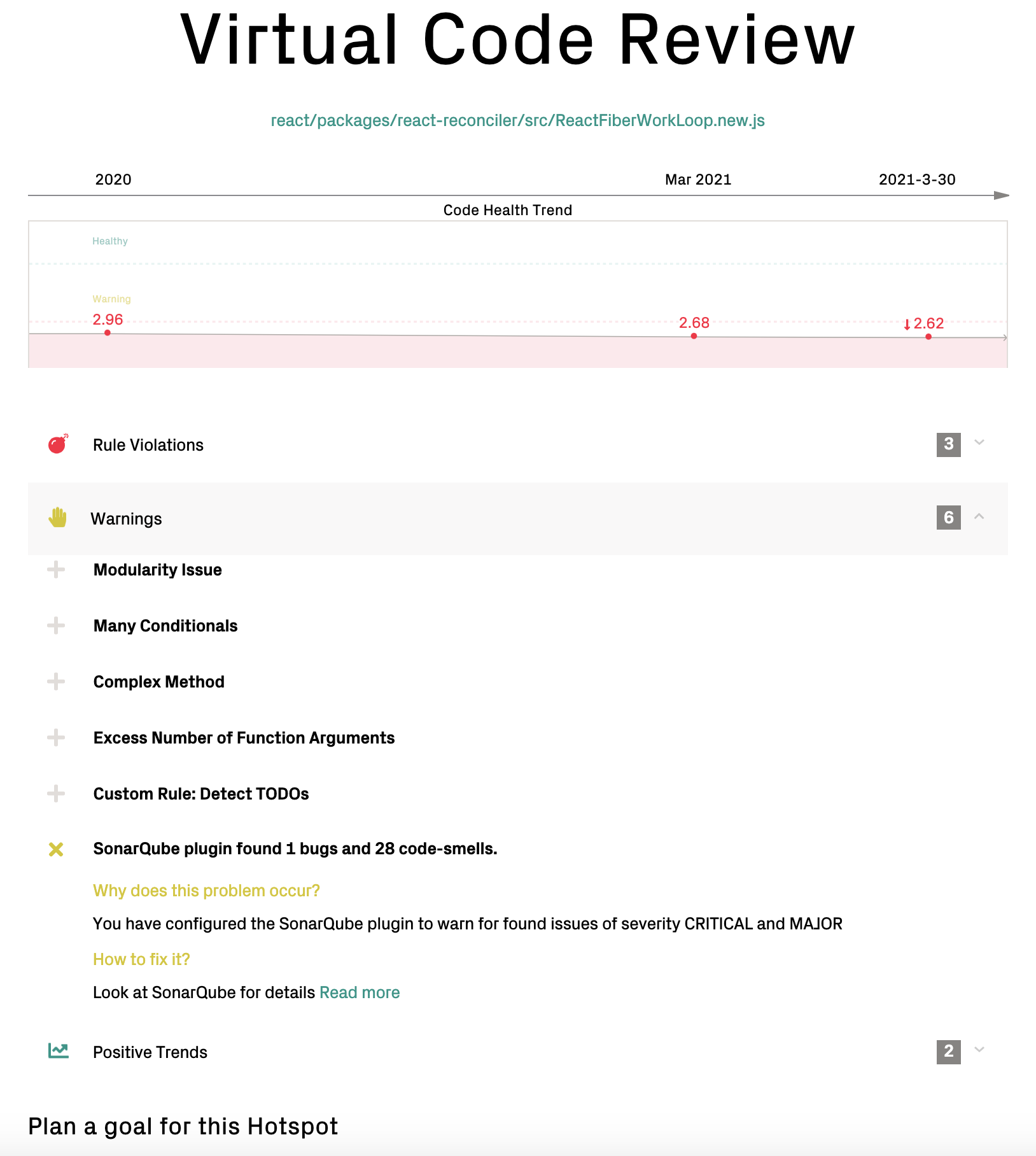 CodeScene aggregates the Sonar findings per file in its virtual code review.