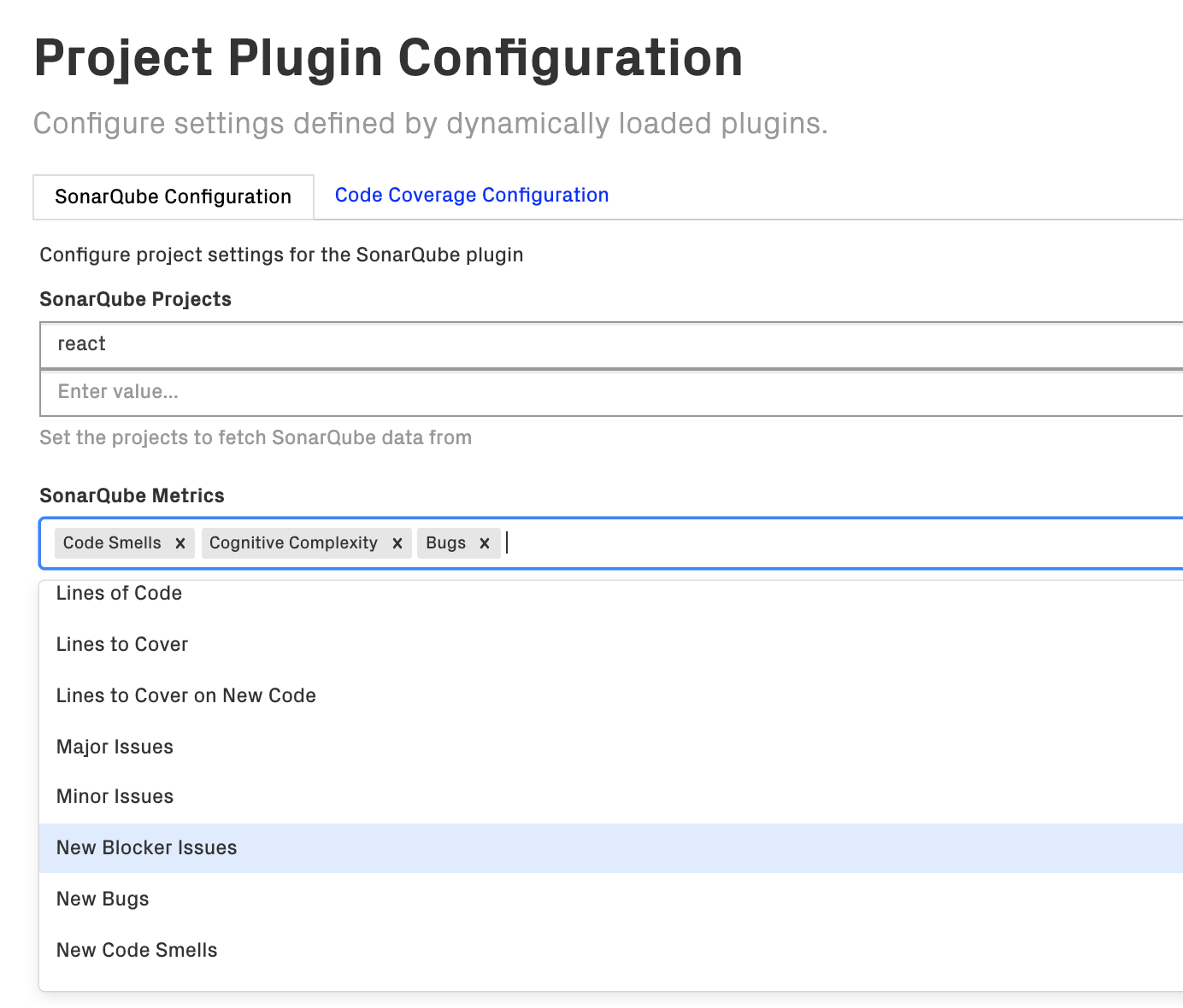 Configure the Sonar metrics of interest. Each metric gets its own perspective in CodeScene's interactive map.