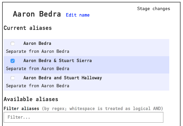 Selecting an alias to unmerge