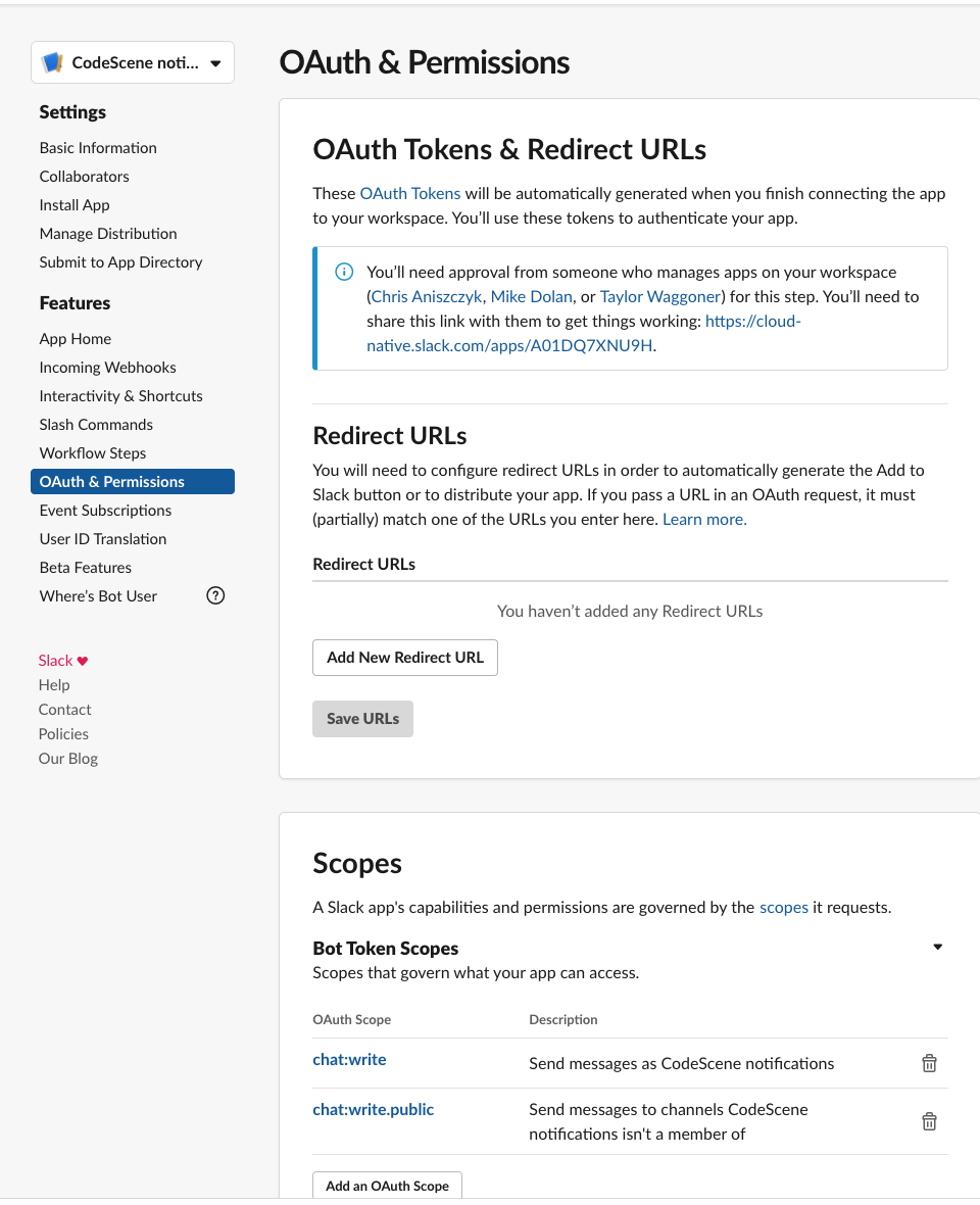 Slack application setup: Add OAuth scopes