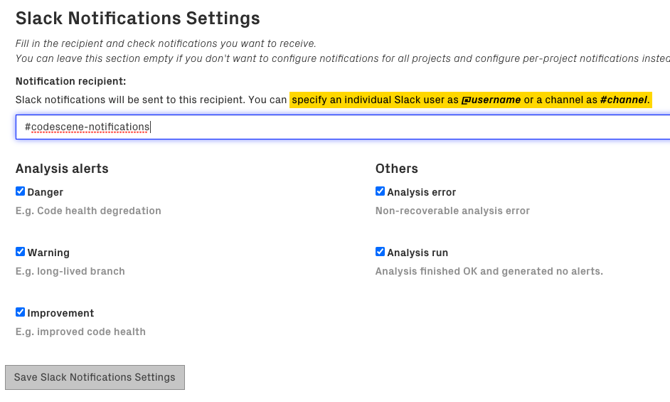 Slack notification settings - recipient and set of events