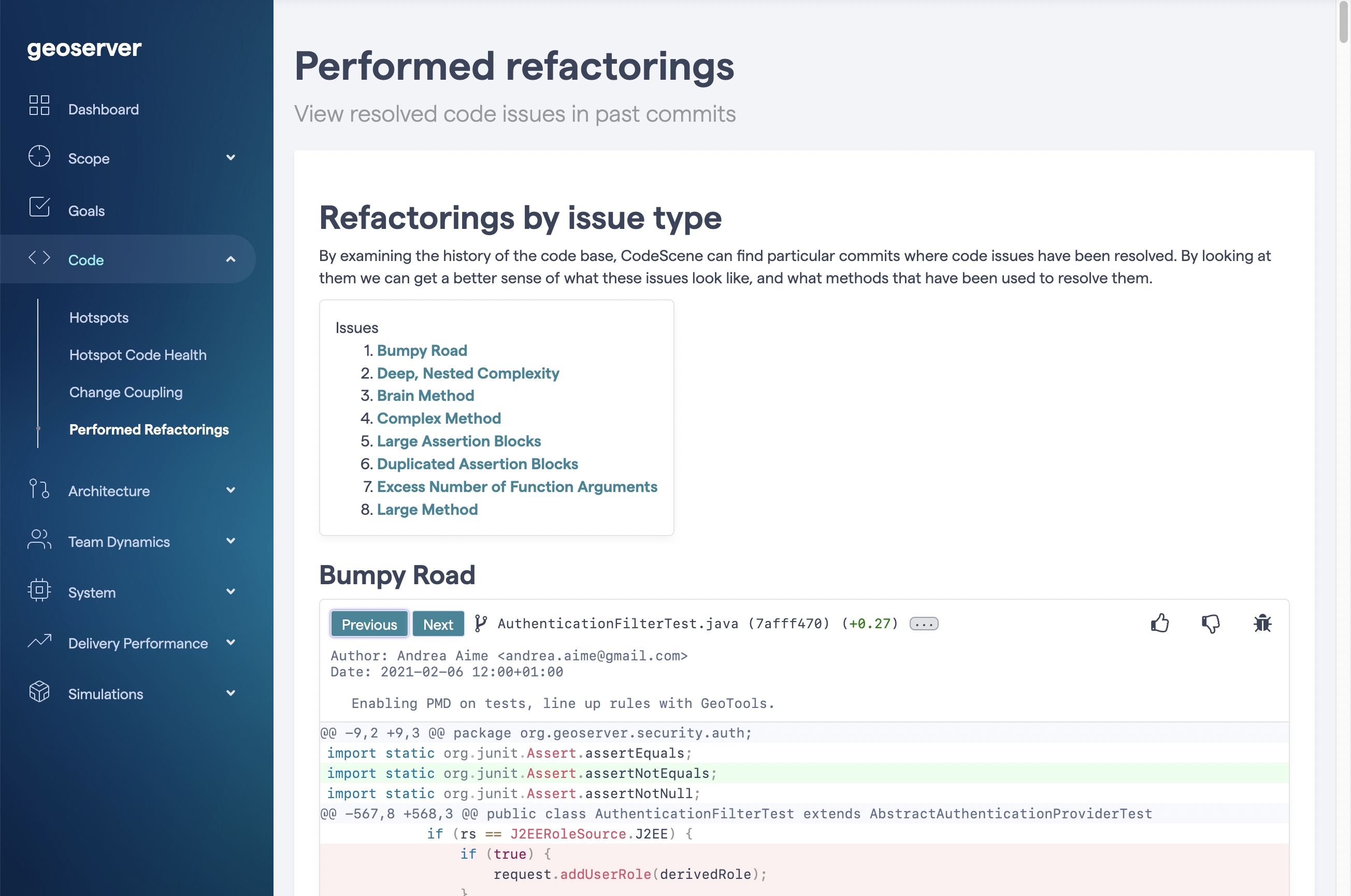 A complete listing of the refactorings found within a project.