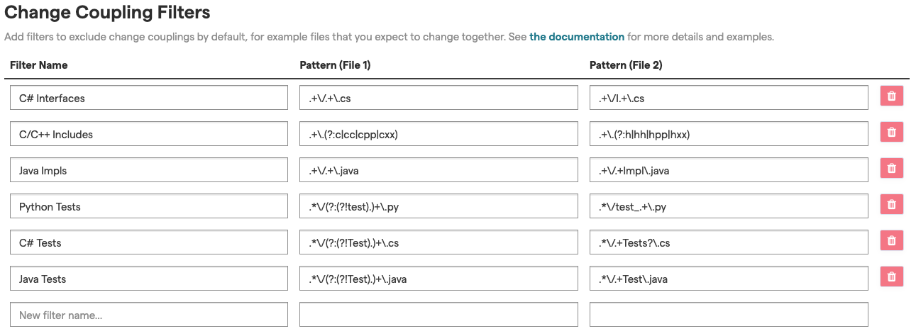 Configure change coupling filters for expected file couplings.