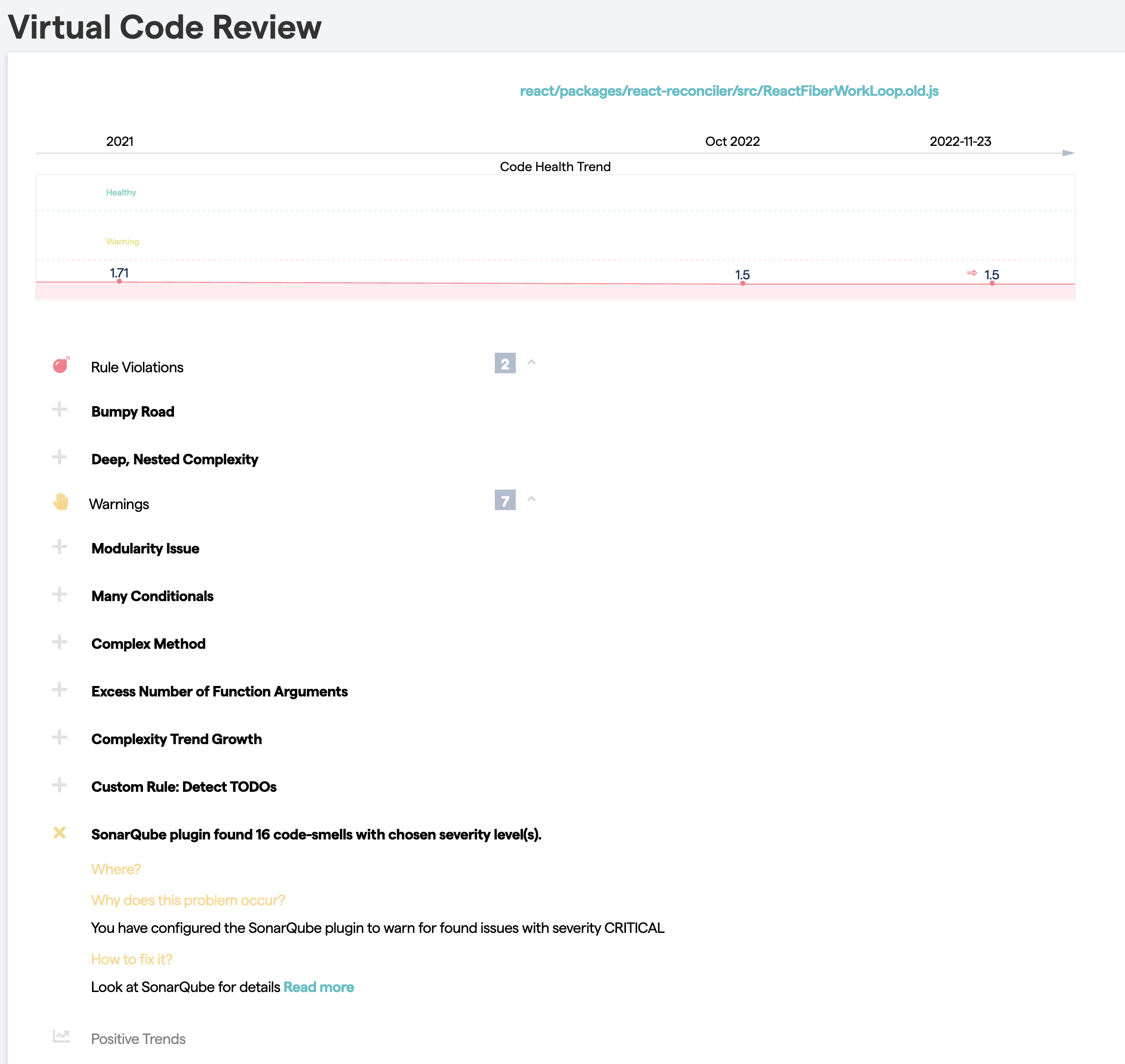 CodeScene aggregates the Sonar findings per file in its virtual code review.