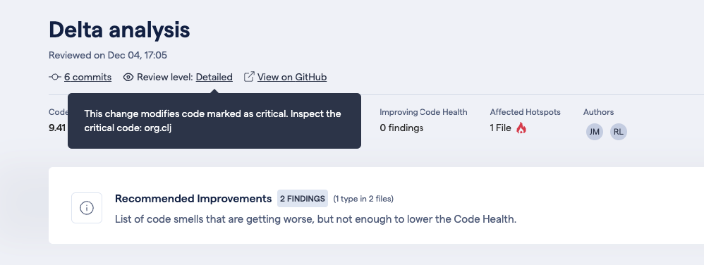 CodeScene notifies reviewers when critical code is modified.