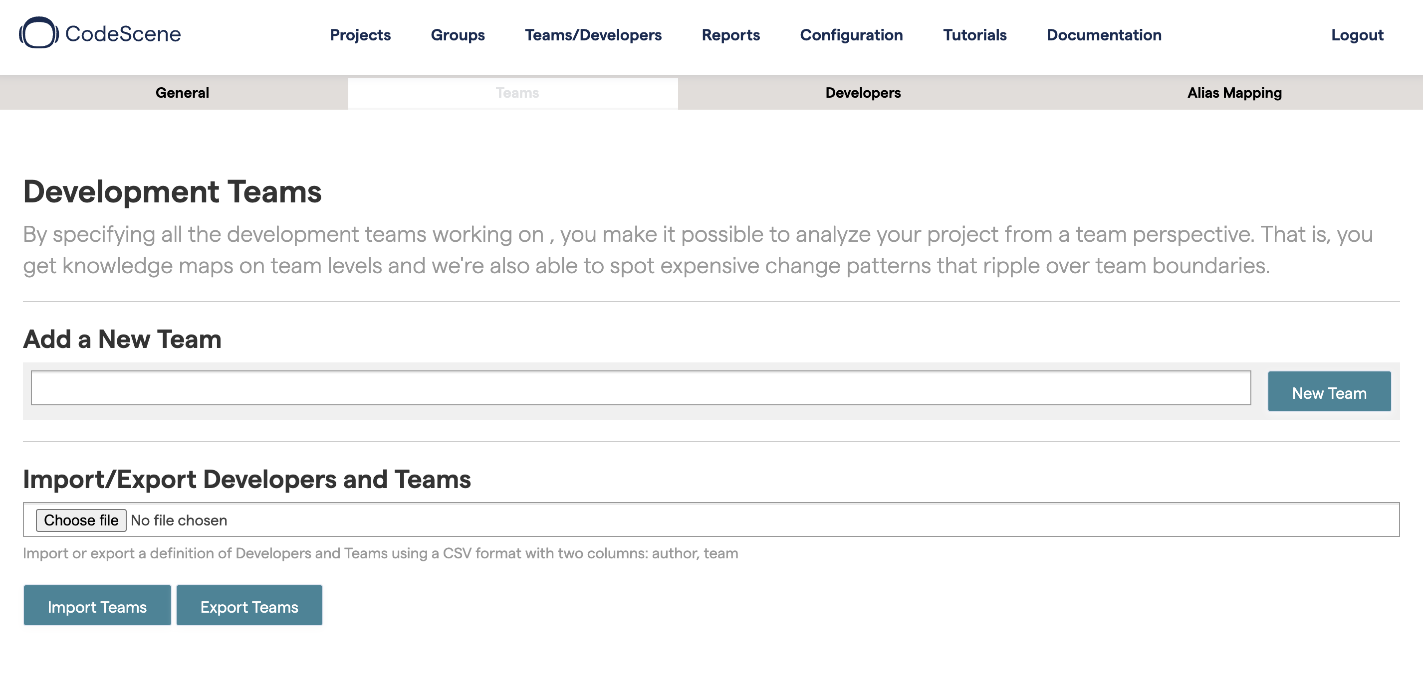 Configure teams in the Teams tab.