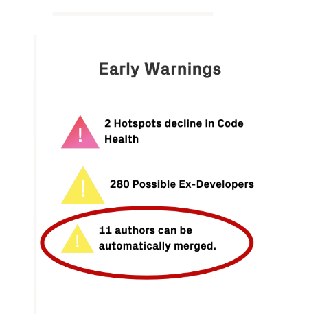 CodeScene warns that 11 authors can be merged