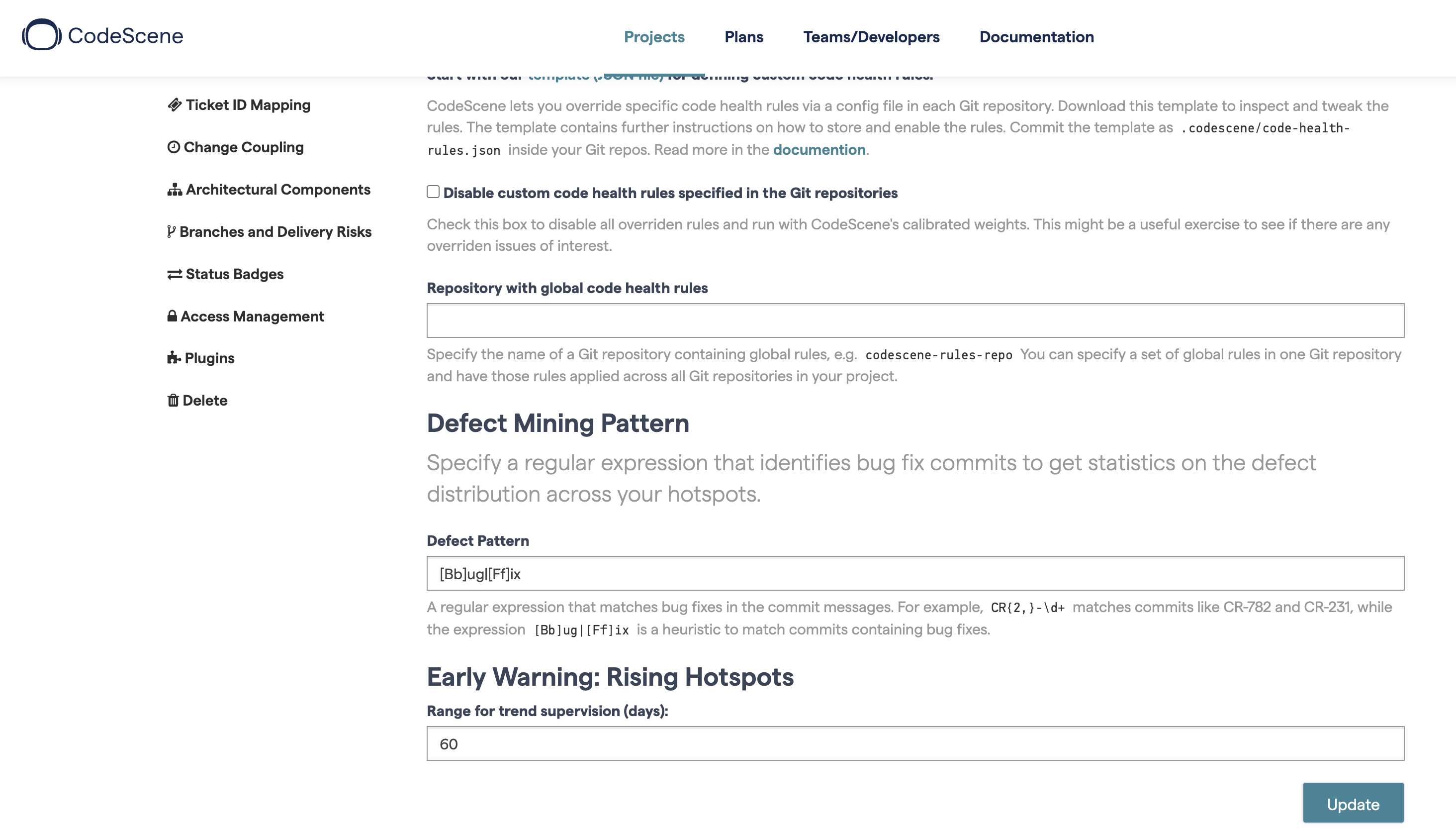 Hotspot defect pattern configuration (Code Health tab in project configuration)