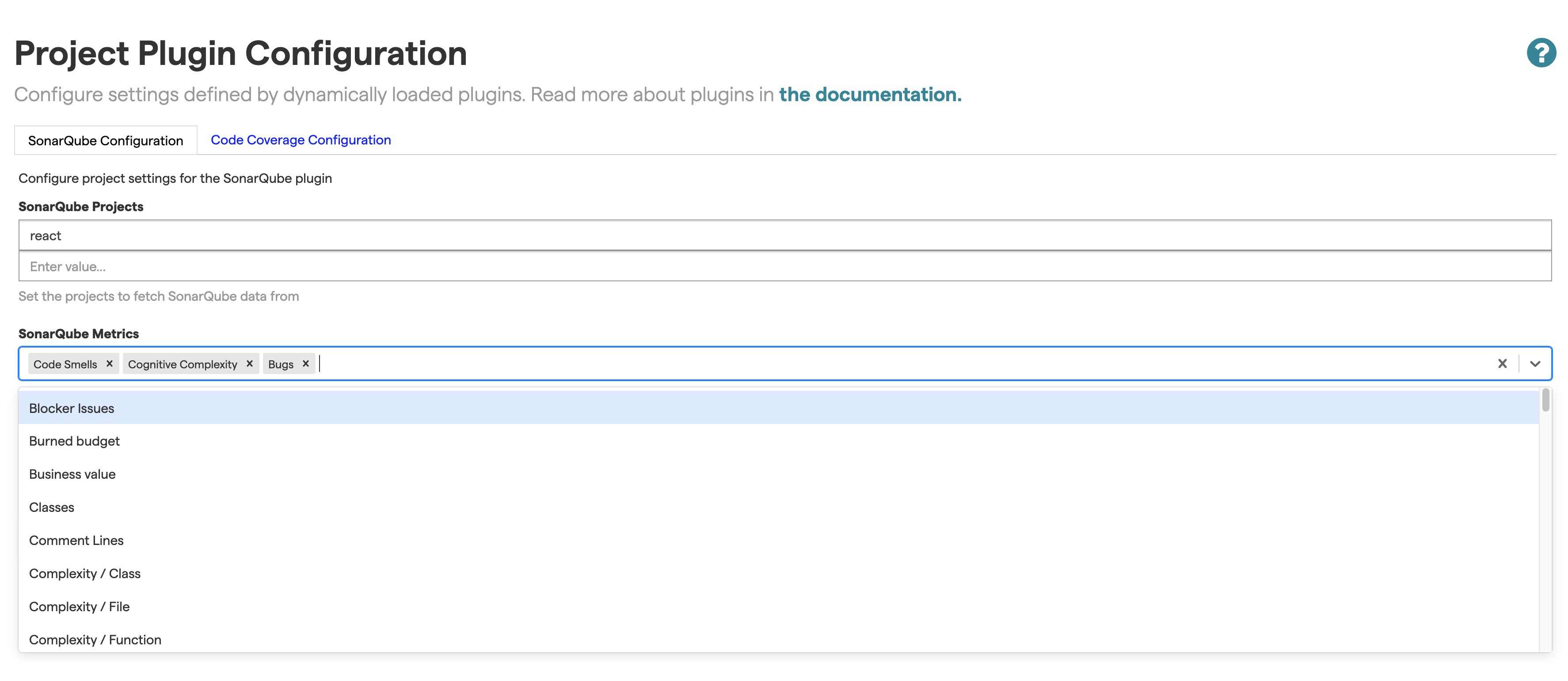 Configure the Sonar metrics of interest. Each metric gets its own perspective in CodeScene's interactive map.