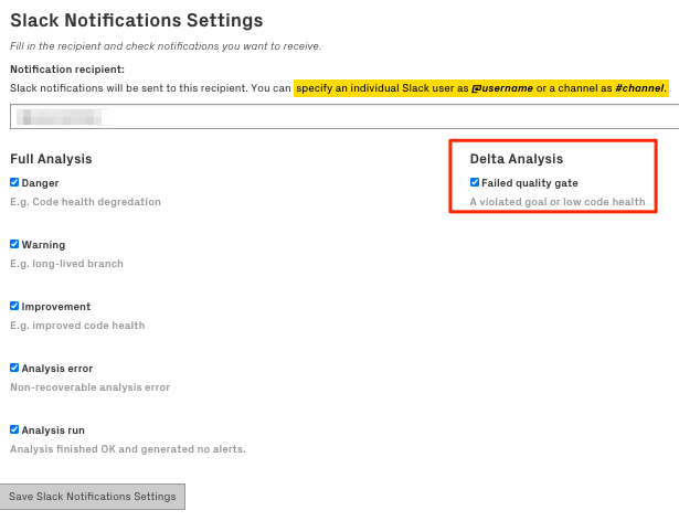 Slack notifications - delta failed quality gate