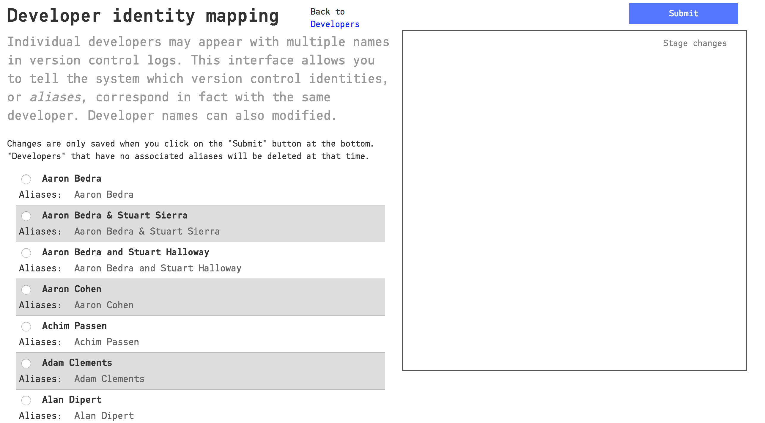 The developer list