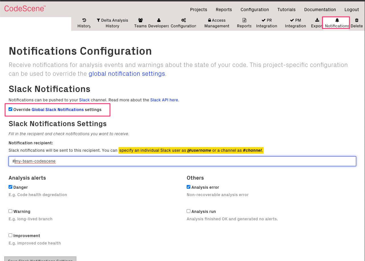 Slack notifications - per-project settings override global settings