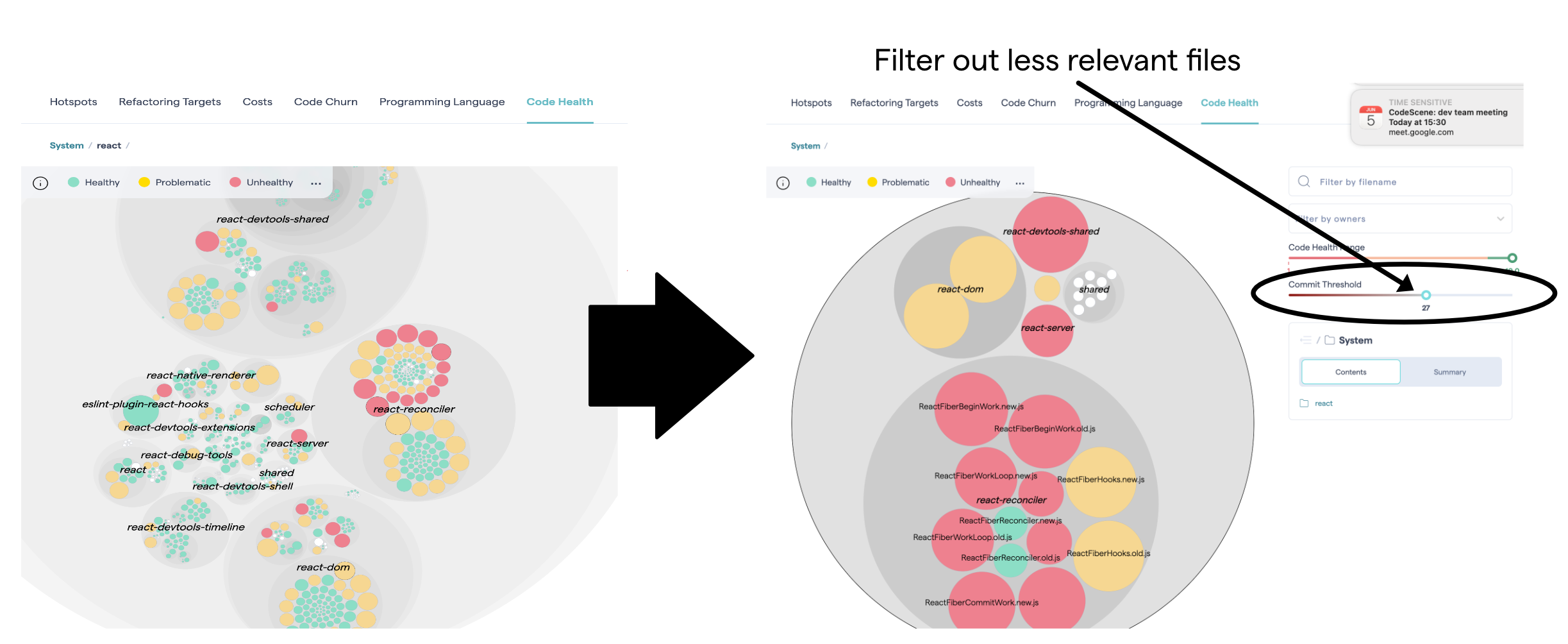 Filter the code health view based on development activity.