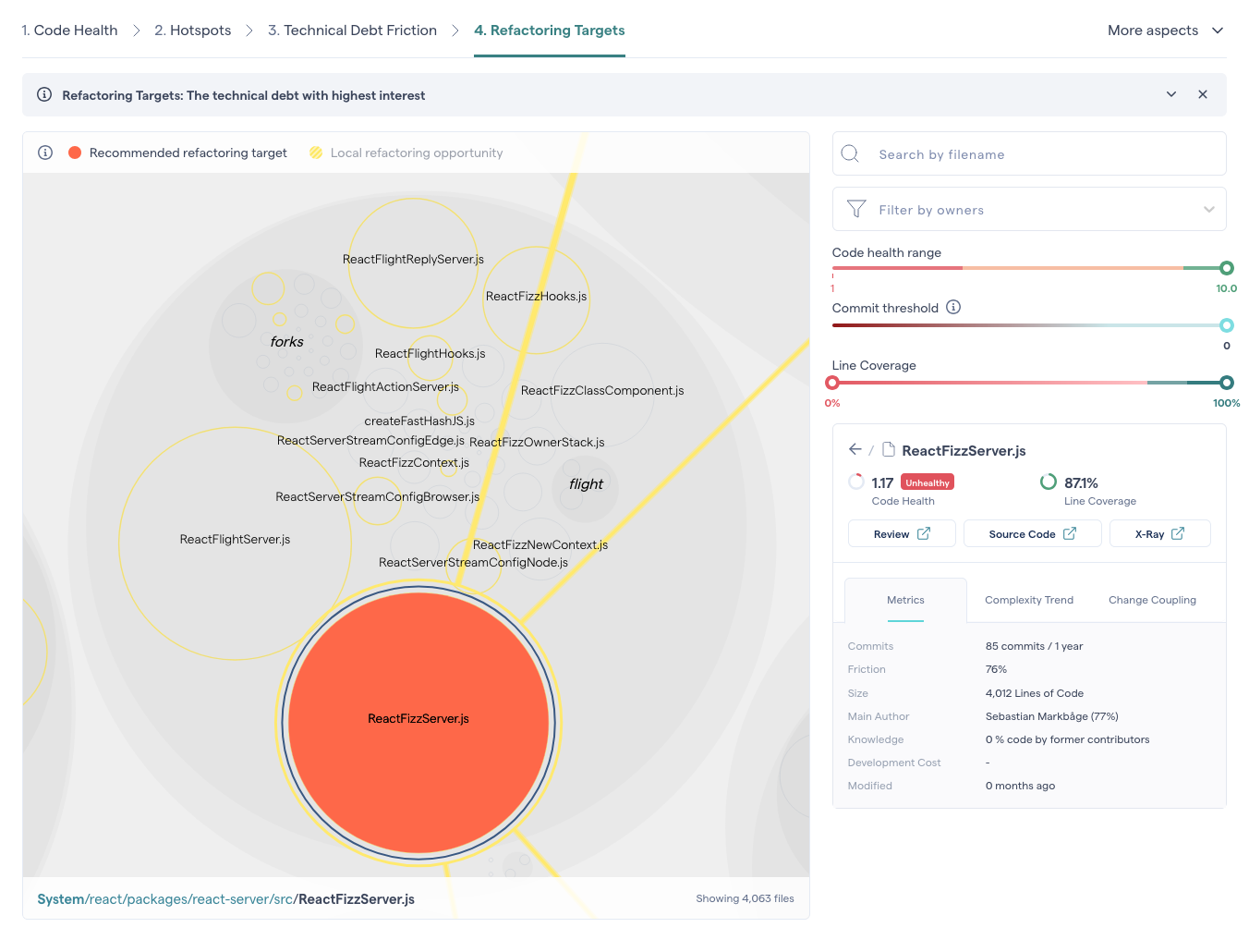 Refactoring Targets also show code coverage scores to help you evaluate the risk before refactoring.