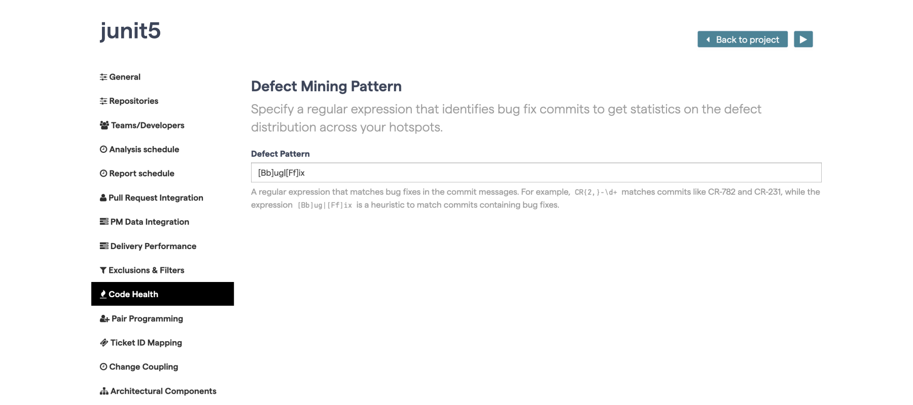 Configure commit message patterns for defect detection.