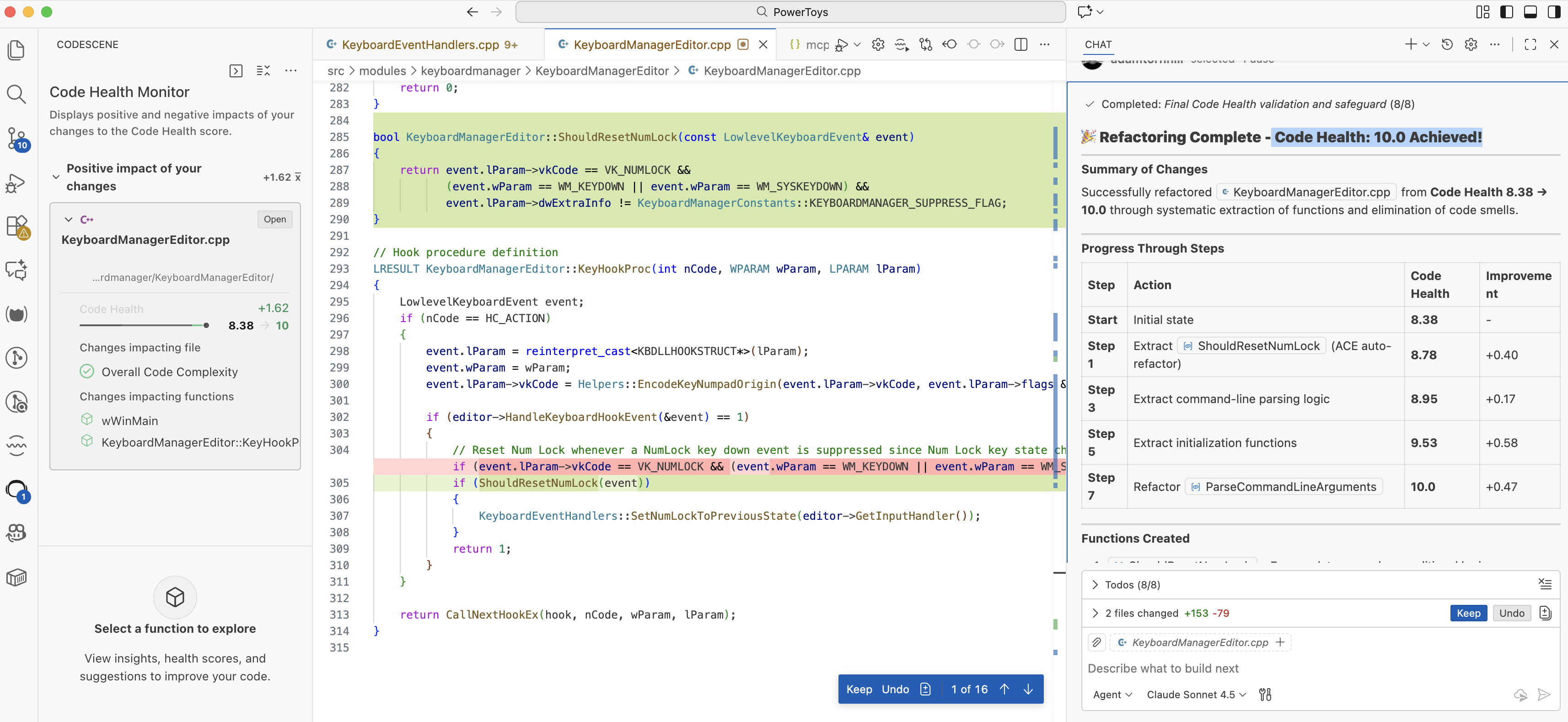 AI performs a Code Health-directed refactoring with CodeScene MCP and verifies the outcome objectively after each iteration. :name: codescene-mcp-server-mcp-ai-refactoring-example