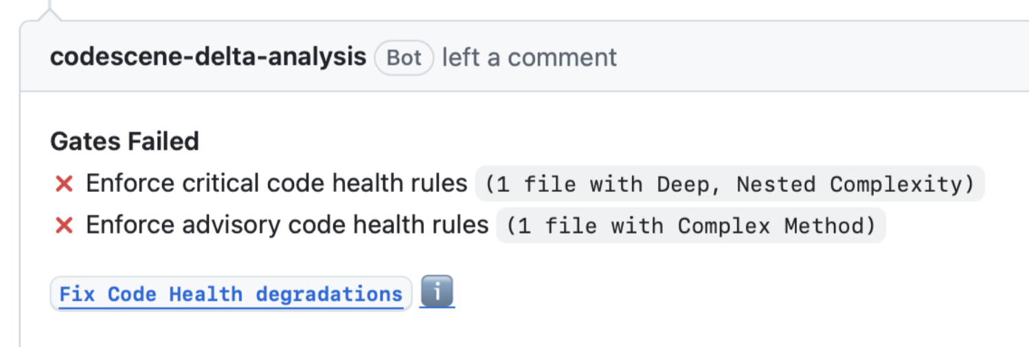 Fix Code Health degradations button in a pull request.